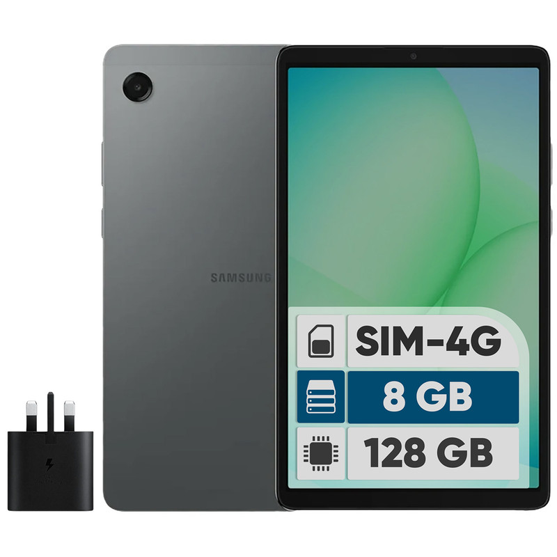تبلت 8.7 اینچ سامسونگ مدل Galaxy Tab A11 4G، ظرفیت 128 گیگابایت و رم 8 گیگابایت، قابلیت پشتیبانی از سیم کارت، رزولوشن دوربین 8 مگاپیکسل، به همراه شارژر دیواری 25 وات سامسونگ مدل EP-TA800