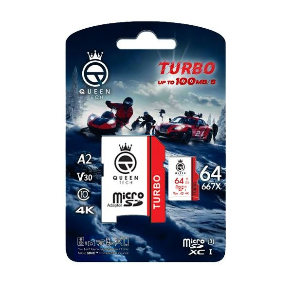 کارت حافظه MicroSDXC کوئین تک مدل TURBO-V30-A2-4K-667X کلاس 10 استاندارد U3 سرعت 100MB/S ظرفیت 64 گیگابایت به همراه آداپتور SD