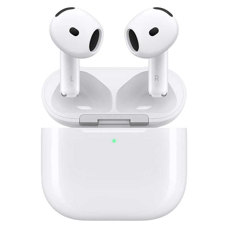 هدفون بلوتوثی اپل مدل AirPods 4 دارای نویز کنسلینگ، درگاه شارژ USB-Type-C و شارژ بی سیم، با قابلیت اتصال به چند دستگاه، پشتیبانی از فرمان لمسی و دستیار صوتی، نشانگر LED، مقاوم در برابر پاشش آب و گرد و غبار