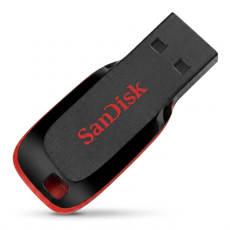 فلش مموری 64 گیگابایت سن دیسک مدل Cruzer Blade CZ50 با رابط USB 2.0، بدنه مات مقاوم در برابر اثر انگشت، قابلیت رمزگذاری نرم‌افزاری و شیار اتصال بند