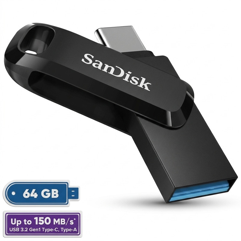 فلش مموری سن دیسک 64 گیگابایت مدل Ultra Dual Drive Go با دو رابط USB Type-C و USB Type-A، استاندارد USB 3.2 Gen1، طراحی چرخشی، سازگار با اندروید، iOS، ویندوز و مک، مناسب گوشی، تبلت، کامپیوتر و تلویزیون