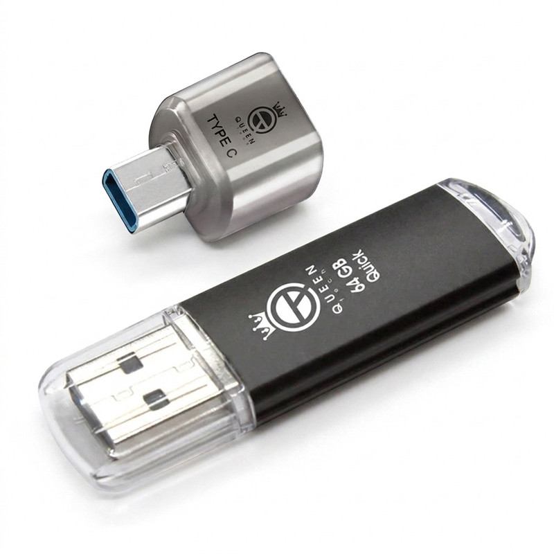 فلش مموری کوئین تک مدل QUICK C-PLUS ظرفیت 64 گیگابایت با رابط USB 2.0 و مبدل USB-C، سرعت انتقال 30 مگابایت بر ثانیه، طراحی درپوش‌دار، مناسب گوشی، تبلت، کامپیوتر و تلویزیون