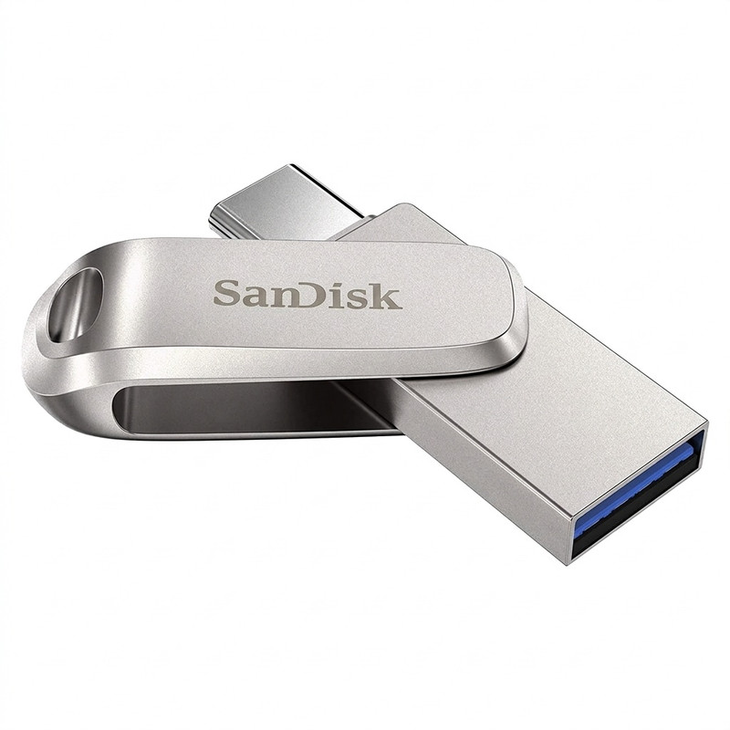 فلش مموری سن دیسک مدل Ultra Dual Drive Luxe ظرفیت 64 گیگابایت با دو رابط USB تایپ سی و USB 3.2 Gen1، بدنه فلزی چرخشی، سرعت انتقال 150 مگابایت بر ثانیه و سازگار با گوشی، تبلت، کامپیوتر و تلویزیون