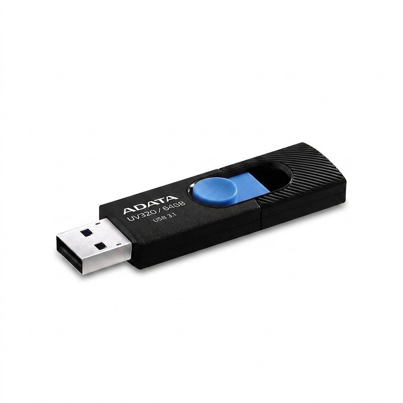 فلش‌مموری کشویی ای دیتا مدل UV320 ظرفیت 64 گیگابایت با رابط USB 3.2 Gen1 سرعت انتقال تا 10 گیگابیت بر ثانیه و سازگار با ویندوز، مک، لینوکس، گوشی و تلویزیون