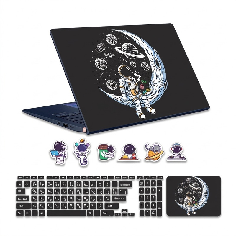 استیکر لپ تاپ توییجین و موییجین طرح Astronaut کد 08 مناسب برای لپ تاپ 15.6 اینچ به همراه برچسب حروف فارسی کیبورد