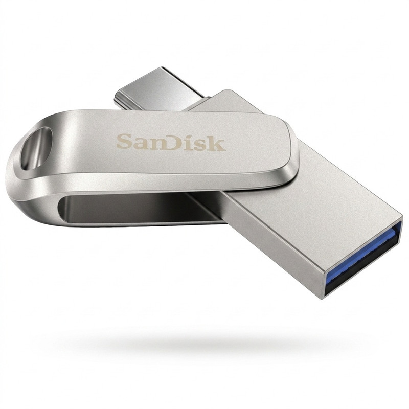فلش مموری سن دیسک مدل Dual Drive Luxe ظرفیت 128 گیگابایت با طراحی چرخشی، دو رابط USB Type-C و USB Type-A، سرعت انتقال 150 مگابایت بر ثانیه، بدنه فلزی و سازگار با موبایل، تبلت، کامپیوتر و تلویزیون