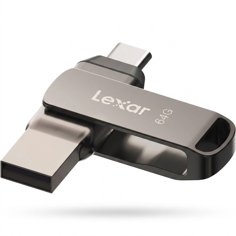 فلش مموری لکسار مدل JumpDrive Dual Drive D400 ظرفیت 64 گیگابایت با رابط USB 3.1 Type-C و Type-A، بدنه فلزی مقاوم در برابر آب، ضربه، شوک و گرد و غبار، سرعت انتقال تا 130 مگابایت بر ثانیه و قابلیت رمزگذاری خودکار داده‌ها