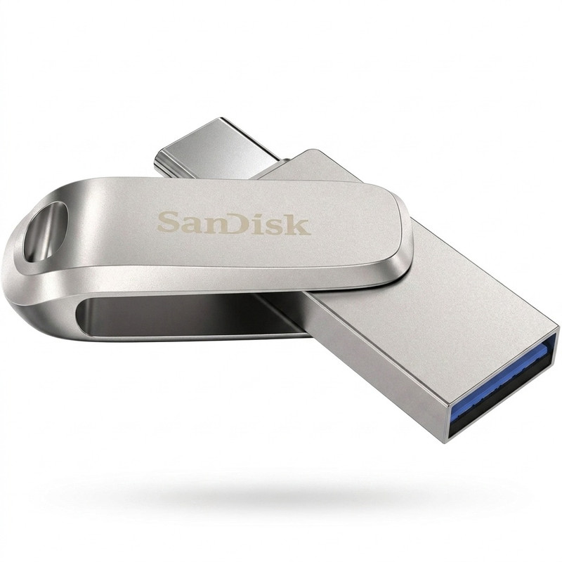 فلش مموری سن دیسک Ultra Dual Drive Luxe ظرفیت 256 گیگابایت با طراحی چرخشی، دو رابط USB Type-C و USB Type-A، استاندارد USB 3.2 Gen1، بدنه فلزی و سازگار با تبلت، گوشی، کامپیوتر و مک
