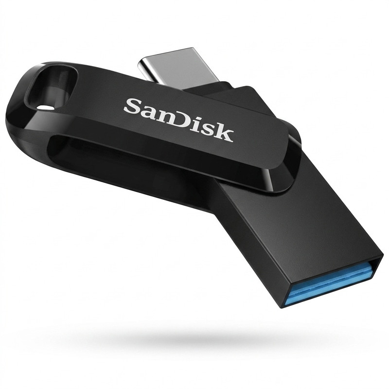 فلش مموری سن دیسک Ultra Dual Drive Go ظرفیت 256 گیگابایت با دو رابط USB Type-C و USB Type-A، طراحی چرخشی، سرعت خواندن 150 مگابایت بر ثانیه، سازگار با کامپیوتر، لپ‌تاپ، تبلت و گوشی موبایل