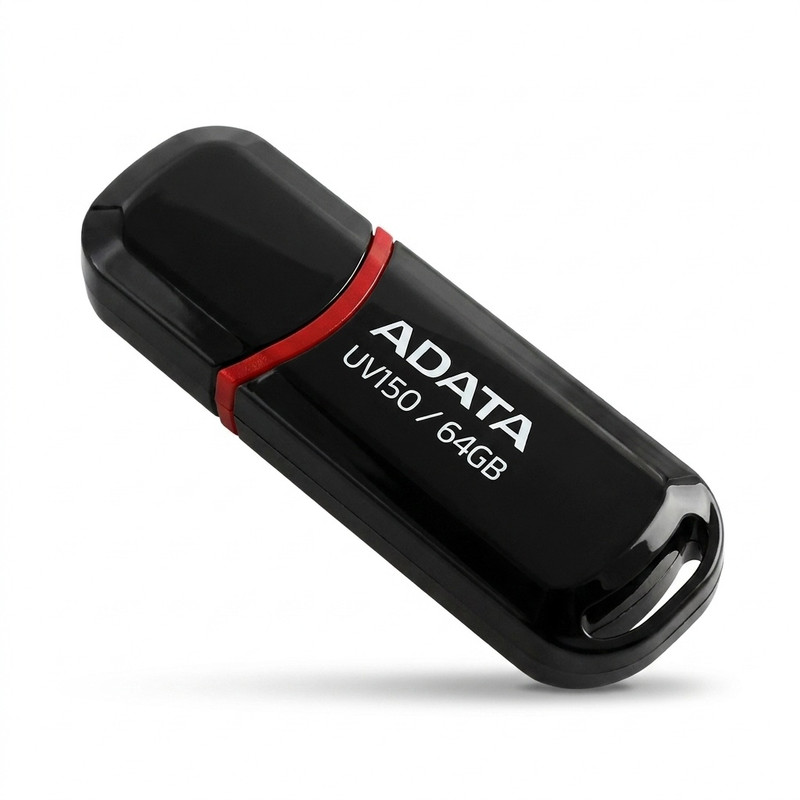 فلش مموری ای دیتا مدل UV150 ظرفیت 64 گیگابایت، رابط USB 3.2 Gen1 با سرعت خواندن 100 مگابایت بر ثانیه، درپوش‌دار، سازگار با ویندوز، مک و لینوکس، مناسب موبایل، تبلت، لپ‌تاپ و تلویزیون