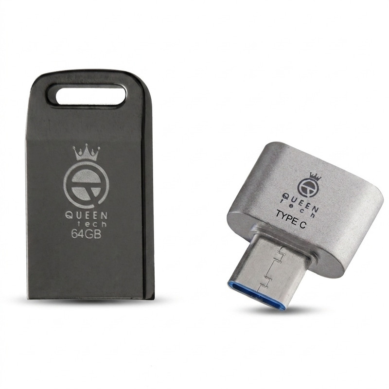 فلش مموری 64 گیگابایت کوئین تک مدل UNIQUE C-PLUS با بدنه فلزی و مبدل USB-C OTG