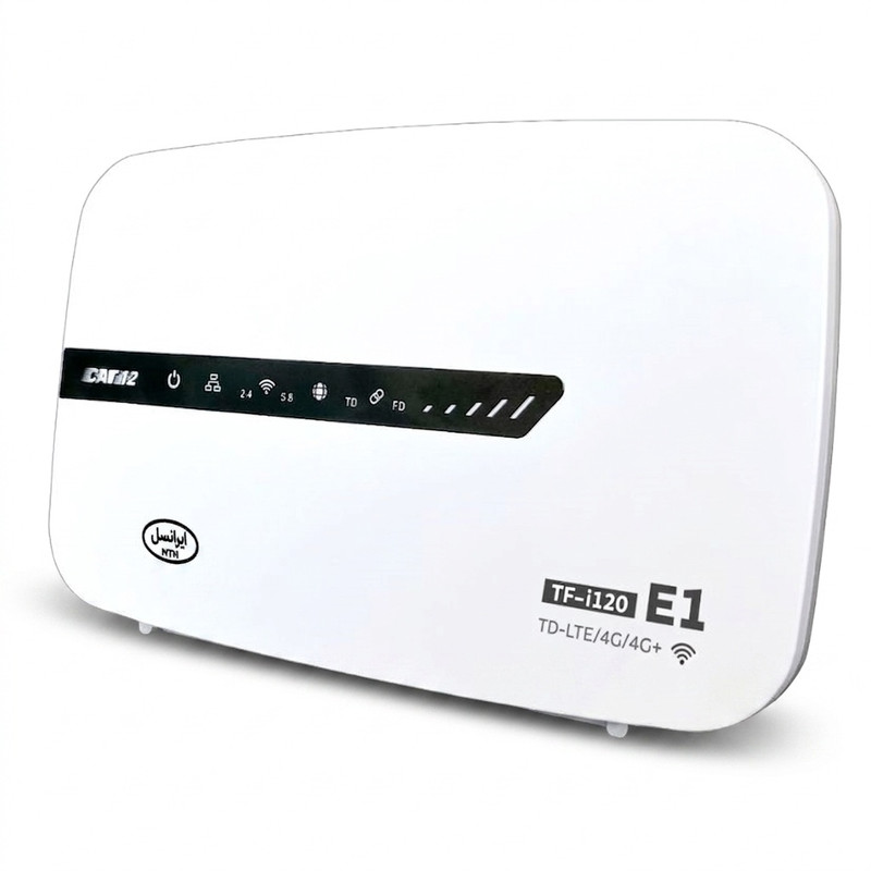 مودم 4G ایرانسل مدل TF-i120 E1 با فناوری LTE Cat 12، سرعت دانلود 600 مگابیت بر ثانیه، آپلود 100 مگابیت بر ثانیه، وای‌فای دوبانده 2.4 و 5.8 گیگاهرتز، پشتیبانی همزمان 50 کاربر، چهار پورت اترنت، مناسب استفاده خانگی و اداری