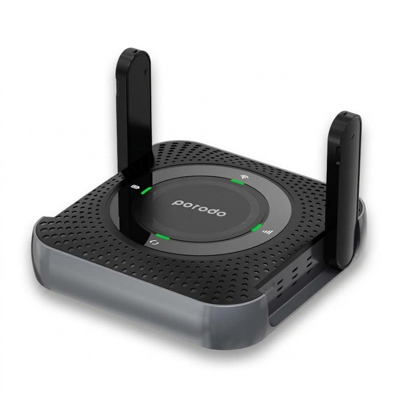 مودم روتر قابل حمل پرودو مدل PD-4GCPME-BKGY با پشتیبانی 4G LTE، باتری 4000 میلی‌آمپرساعتی با شارژدهی 12 ساعت، اتصال همزمان تا 10 دستگاه، پورت LAN و فرکانس 2.4 گیگاهرتز