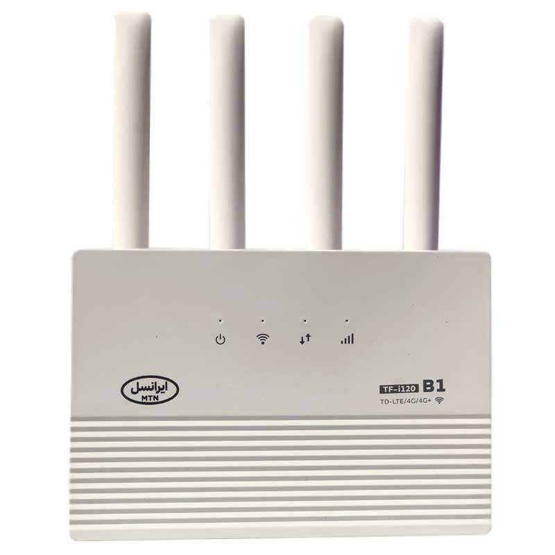 مودم روتر 4G ایرانسل مدل TF-i120 B1 با حمایت LTE Cat 12، سرعت دانلود 600 مگابیت، آپلود 100 مگابیت، وای‌فای دوبانده 2.4 و 5 گیگاهرتز، پشتیبانی همزمان 32 کاربر، چهار پورت اترنت و قابلیت اتصال بی‌سیم و باسیم