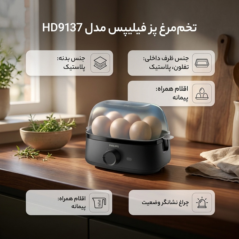 تخممرغ پز فیلیپس مدل HD9137 با ظرفیت شش عدد تخممرغ