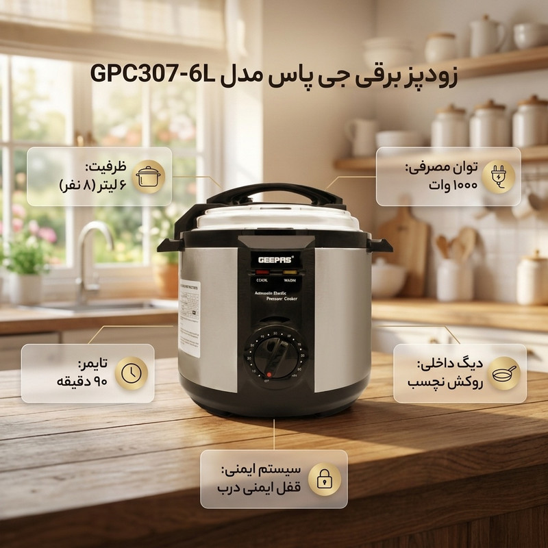 زودپز برقی جی پاس مدل GPC307-6L گنجایش 6 لیتر