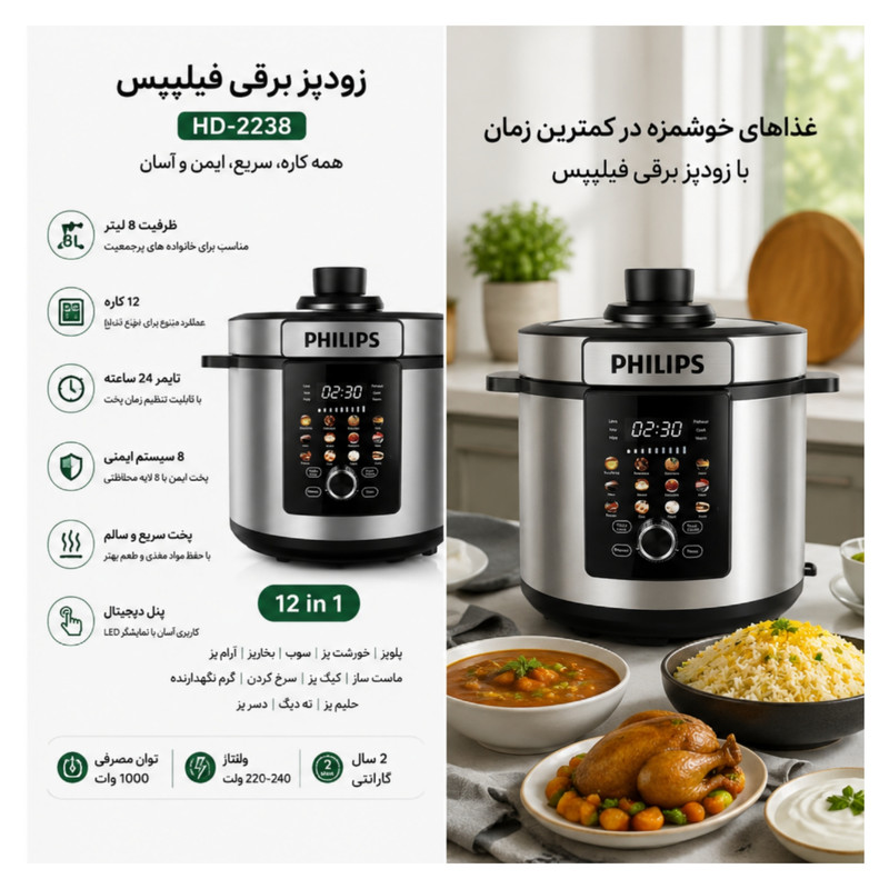 آرامپز و زودپز برقی 8 لیتری فیلیپس مدل HD-2238