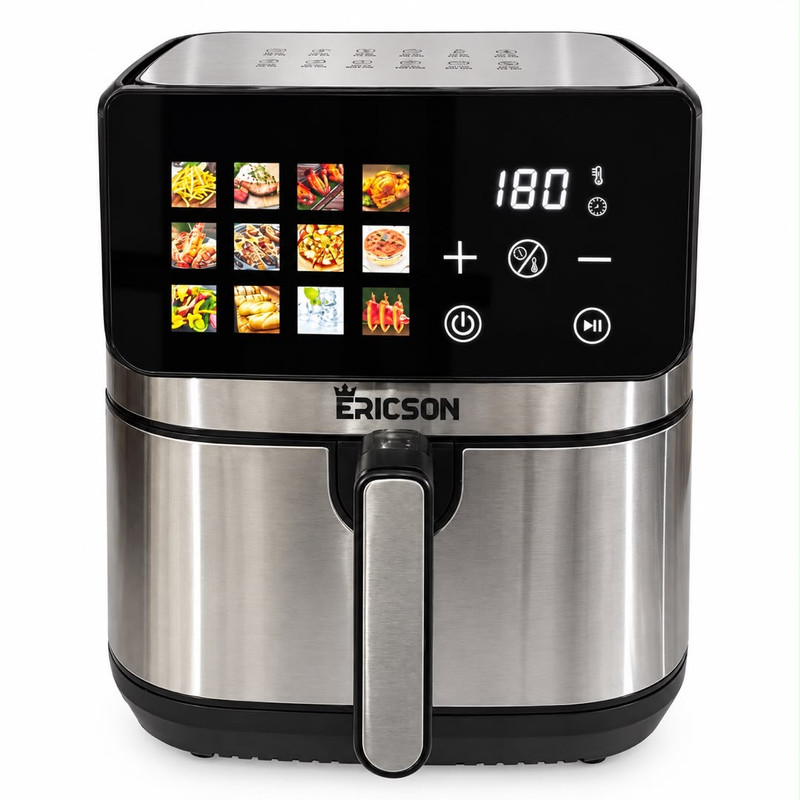 سرخکن هواپز 15 لیتری اریکسون ER-2217 با توان 3000 وات، پنل لمسی رنگی، دو المنت حرارتی، قابلیت تنظیم دما و زمان، مخزن جداشونده نچسب و 90 درصد چربی کمتر