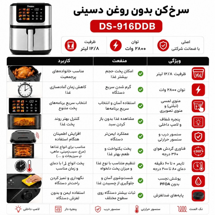 سرخ کن بدون روغن 12.8 لیتر دسینی مدل DS_916DDB