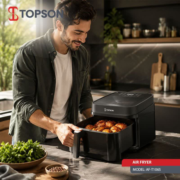 سرخکن هواپز 6 لیتری تاپسون AF-T1065 با توان 1700 وات، دمای 80 تا 200 درجه، تایمر 60 دقیقهای، بیش از 7 برنامه پخت و شستوشوی اقلام جانبی در ماشین ظرفشویی